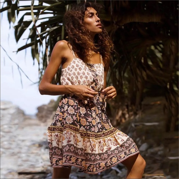 Dresses & Skirts - Orange Black Boho Floral Gypsy Print Cami Dress